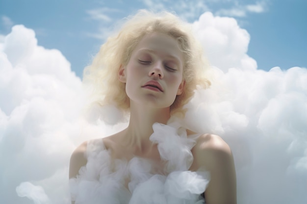 Conceptuele scène met mensen in de lucht omringd door wolken met een dromerig gevoel