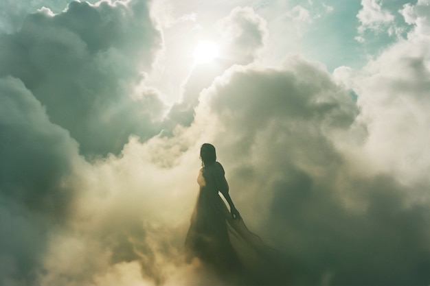 Gratis foto conceptuele scène met mensen in de lucht omringd door wolken met een dromerig gevoel