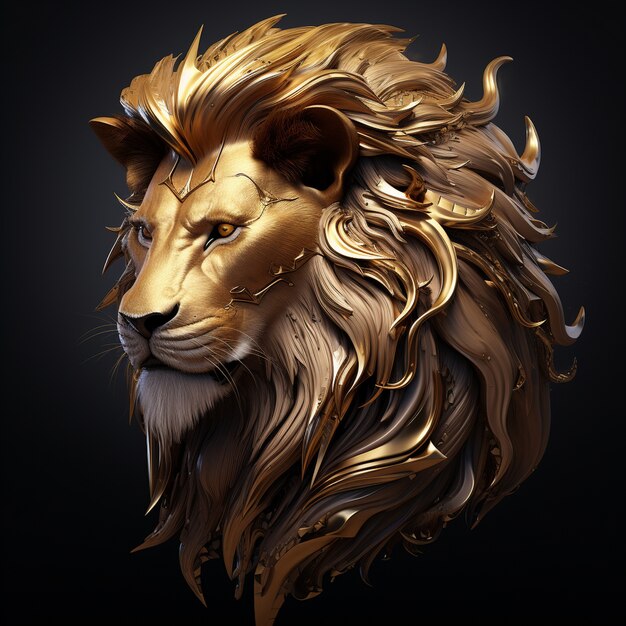 Cool uitziende 3D-gouden leeuwenkop met lange manen