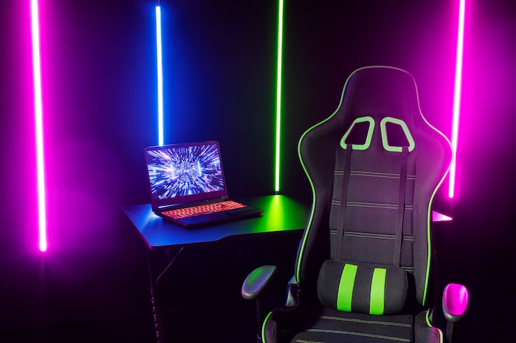Gratis Foto coole gaming-setup met neonlichten stilleven