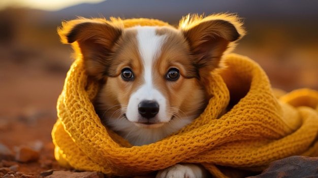 Gratis foto corgi puppy gezellig in een gebreide deken op geel