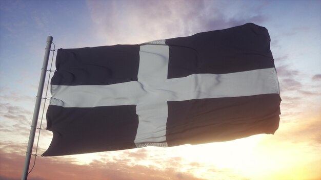 Cornwall vlag, engeland, zwaaien in de wind, lucht en zon achtergrond. 3d-rendering Premium Foto