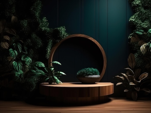 Gratis foto cosmetica product reclame staan tentoonstelling houten podium op groene achtergrond met bladeren en sha