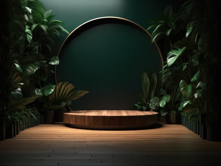 Gratis Foto cosmetica product reclame staan tentoonstelling houten podium op groene achtergrond met bladeren en sha