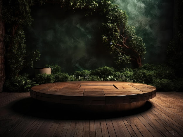 Gratis foto cosmetica product reclame staan tentoonstelling houten podium op groene achtergrond met bladeren en sha