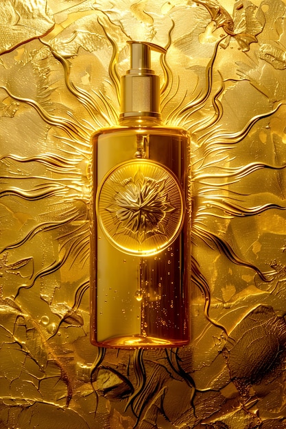Cosmetische fles met een luxe art nouveau-geïnspireerde achtergrond in zonrelief