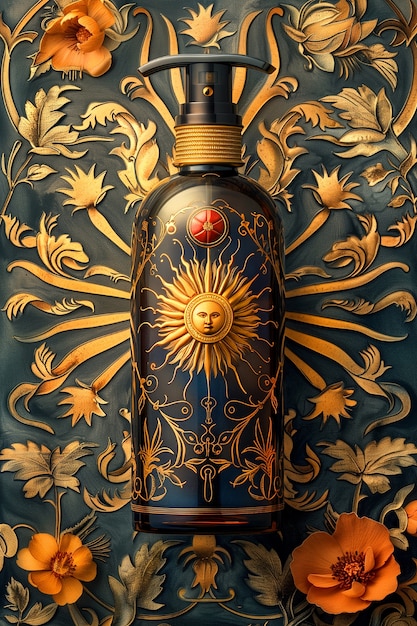 Cosmetische fles met een luxe art nouveau-geïnspireerde achtergrond in zonrelief