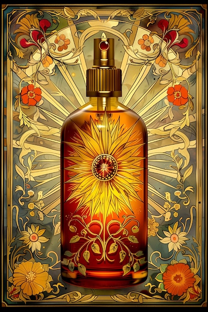Cosmetische fles met een luxe art nouveau-geïnspireerde achtergrond in zonrelief
