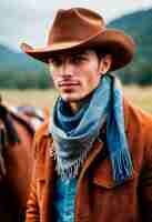 Gratis foto cowboy portrait in daylight with out of focus landscape background