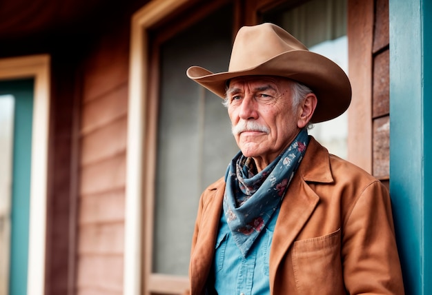 Gratis foto cowboyportret in het daglicht met een niet scherpgesteld landschap achtergrond