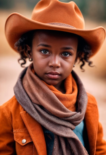 Gratis foto cowboyportret in het daglicht met een niet scherpgesteld landschap achtergrond