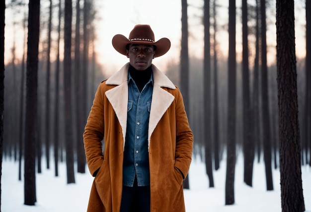 Gratis foto cowboyportret in het daglicht met een niet scherpgesteld landschap achtergrond