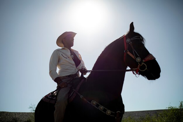 Cowboysilhouet met paard tegen warm licht