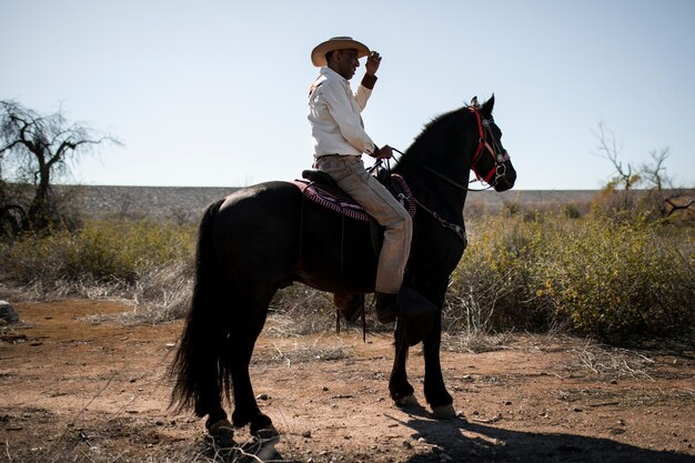 Cowboysilhouet met paard tegen warm licht