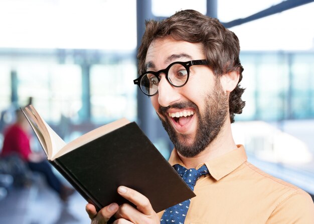 crazy man met book.funny expressie