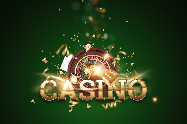 Creatieve achtergrond, inscriptie casino, roulette, gokken dobbelstenen, kaarten, casino chips op een groene achtergrond