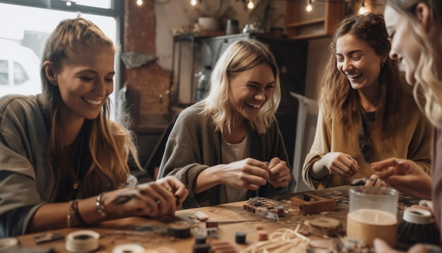 Creatieve jongvolwassenen glimlachen terwijl ze samen een bedrijf maken dat is gegenereerd door AI