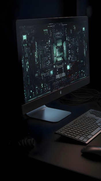 Cyberbeveiligingsconcept computermonitor muis en toetsenbord op donkere achtergrond