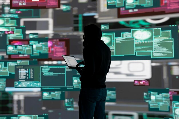 Cybercriminaliteit met mannelijke hackers die de kwetsbaarheid van het systeem exploiteren