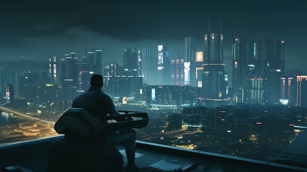 Cyberpunk-krijger die naar de stad kijkt