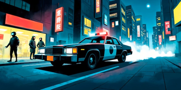 Cyberpunk police car chase in a neon-lit city