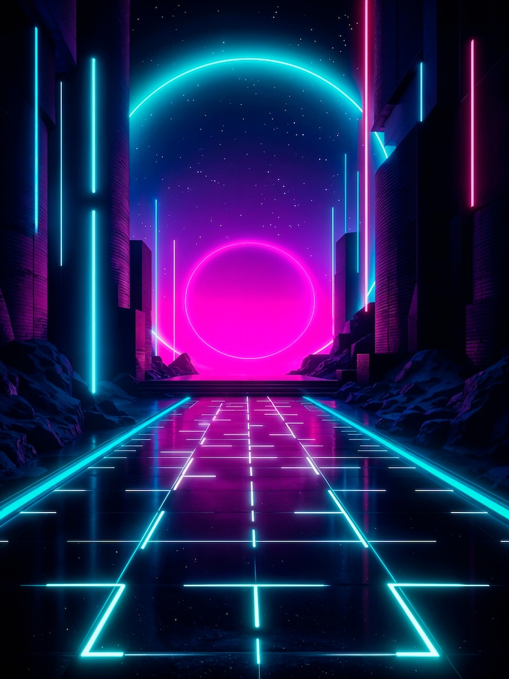 Gratis Foto cyberpunk stadsbeeld met neonlichten en geometrische wegen.