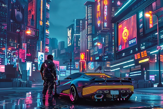 Gratis foto cyberpunk stadsstraat's nachts met neonlichten en futuristische esthetiek