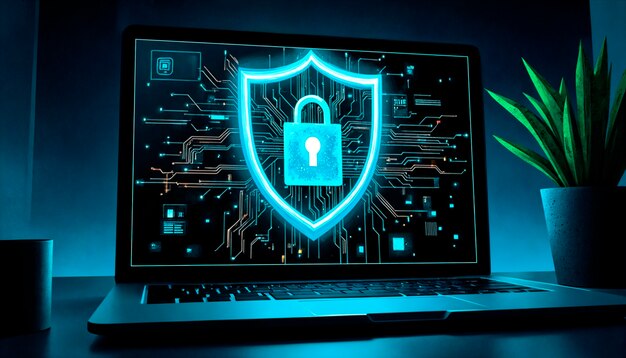 Cybersecurity on laptop screen: data protection concept