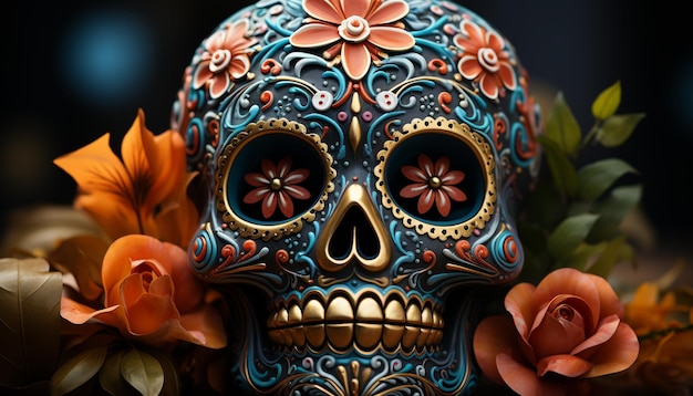 Gratis foto dag van de doden viering kleurrijke schedels en bloemen gegenereerd door kunstmatige intelligentie