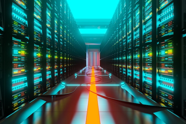 Datacenter met serverrekken in een gangruimte. 3D-weergave van digitale gegevens en cloudtechnologie