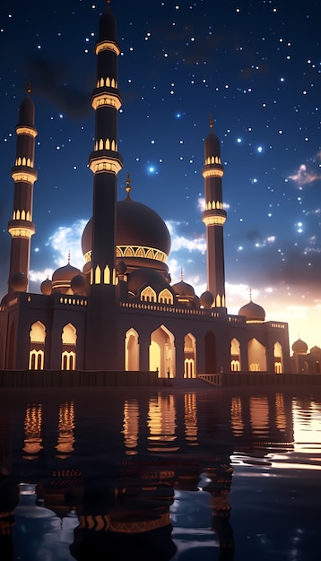 De architectuur van de moskee 's nachts