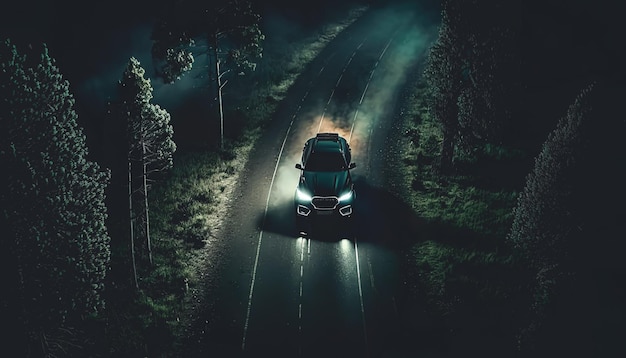 De auto rijdt 's nachts op de weg in het bos
