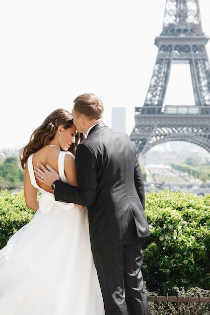 De bruidegom houdt bruid achter teder status vóór de toren van Eiffel in Parijs