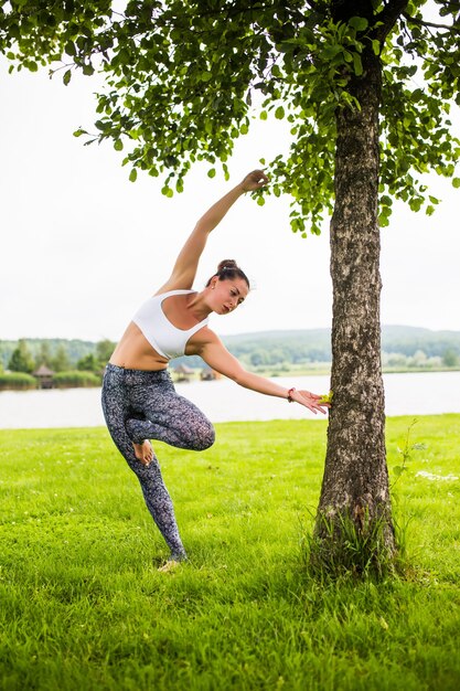 De gelukkige jonge vrouw die zich in yoga bevindt stelt op het gras in het park