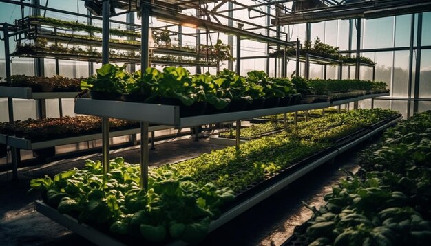 De glastuinbouw zorgt voor biologische plantengroei binnenshuis gegenereerd door AI