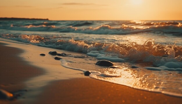 De gouden zon gaat onder op rustig water en weerspiegelt de schoonheid van de natuur gegenereerd door AI