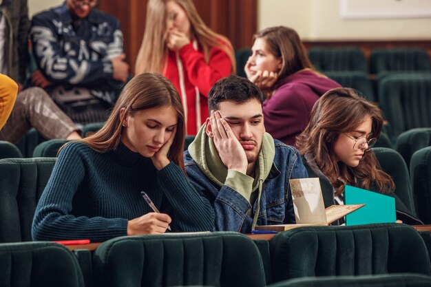 De groep van vrolijke gelukkig studenten zitten in een collegezaal voor de les