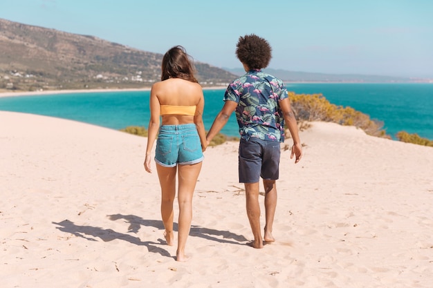 De handen van de paarholding en het lopen aan overzees langs strand met ruggen aan camera