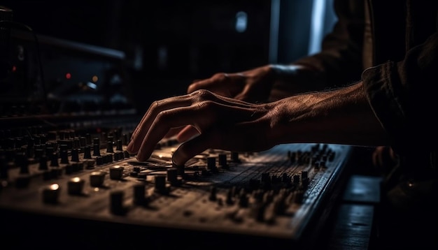 De handen van een dj liggen op een draaitafel in een donkere kamer.
