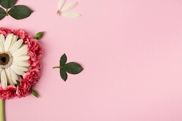 Gratis foto de helften bloemen met roze exemplaar ruimteachtergrond