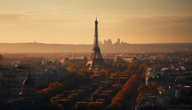 Gratis foto de herfstzonsondergang verlicht het beroemde panorama van de skyline van de stad gegenereerd door ai