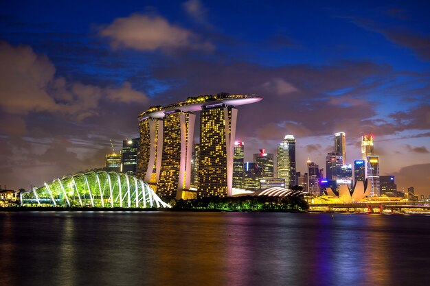 De horizon van Singapore bij nacht.