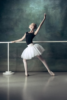 De klassieke ballerina poseert bij balletbarre