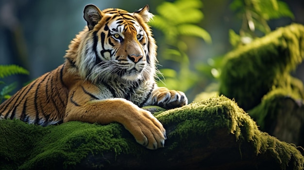 Gratis foto de majestueuze bengaalse tijger rust op een met mos bedekte rots in het hart van de jungle