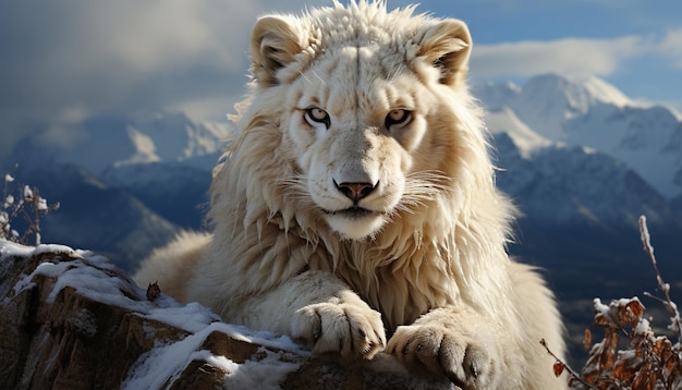 Gratis foto de majestueuze leeuwenkoning van de wildernis staart in de verte gegenereerd door kunstmatige intelligentie