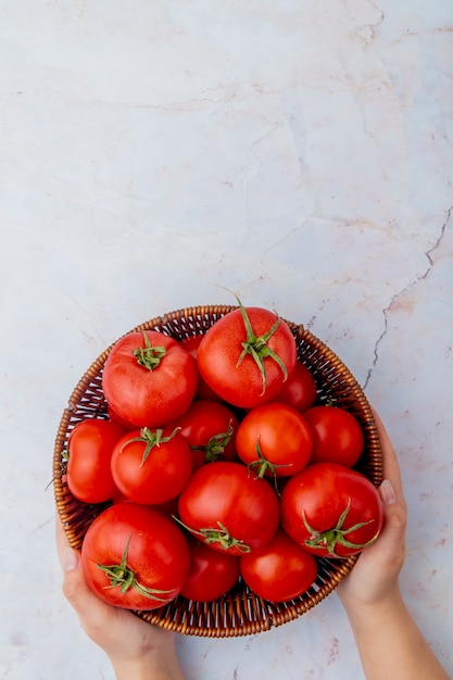 De mand van de vrouwenholding tomaten op witte oppervlakte