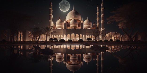 Gratis foto de prachtige serene moskee 's nachts in de gezegende maand ramadan de verlichte generatieve ai