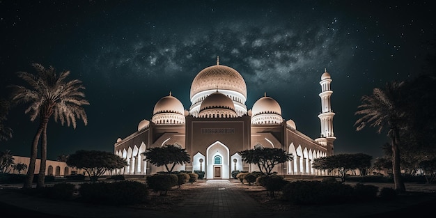 De prachtige serene moskee 's nachts in de gezegende maand ramadan de verlichte generatieve ai