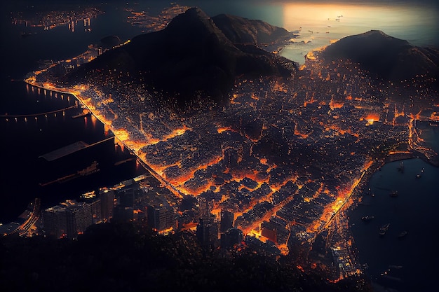 Gratis foto de schemering verlicht de skyline van de beroemde stad, verbluffende generatieve ai vanuit de lucht