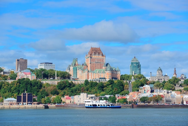 De skyline van Quebec City over rivier met blauwe lucht en wolken.